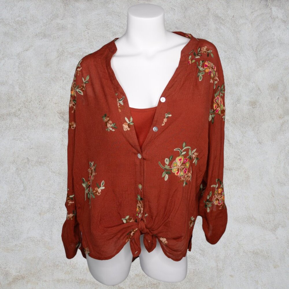 Figueroa and Flower 2 Piece Rust Embroidered All Over Floral Womens Tunic Blouse